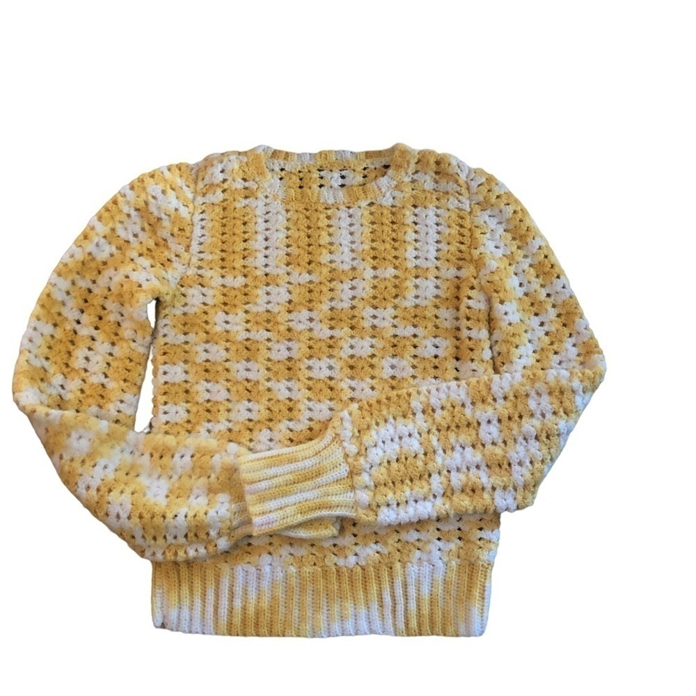 VTG Hand Crochet Crew Neck Sweater Sz. S/M Yellow White Ribbed Cuff Grandmacore